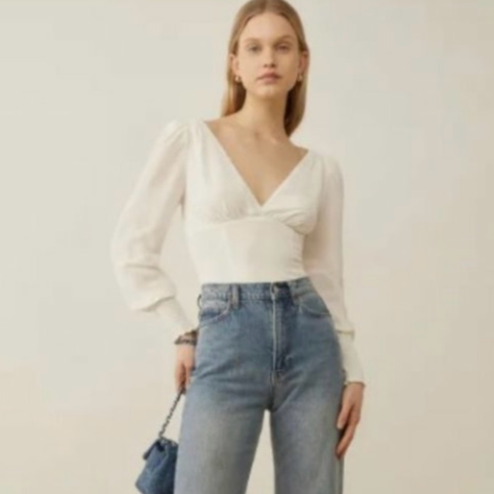 Reformation Michel Top White Mesh V-Neck- 4